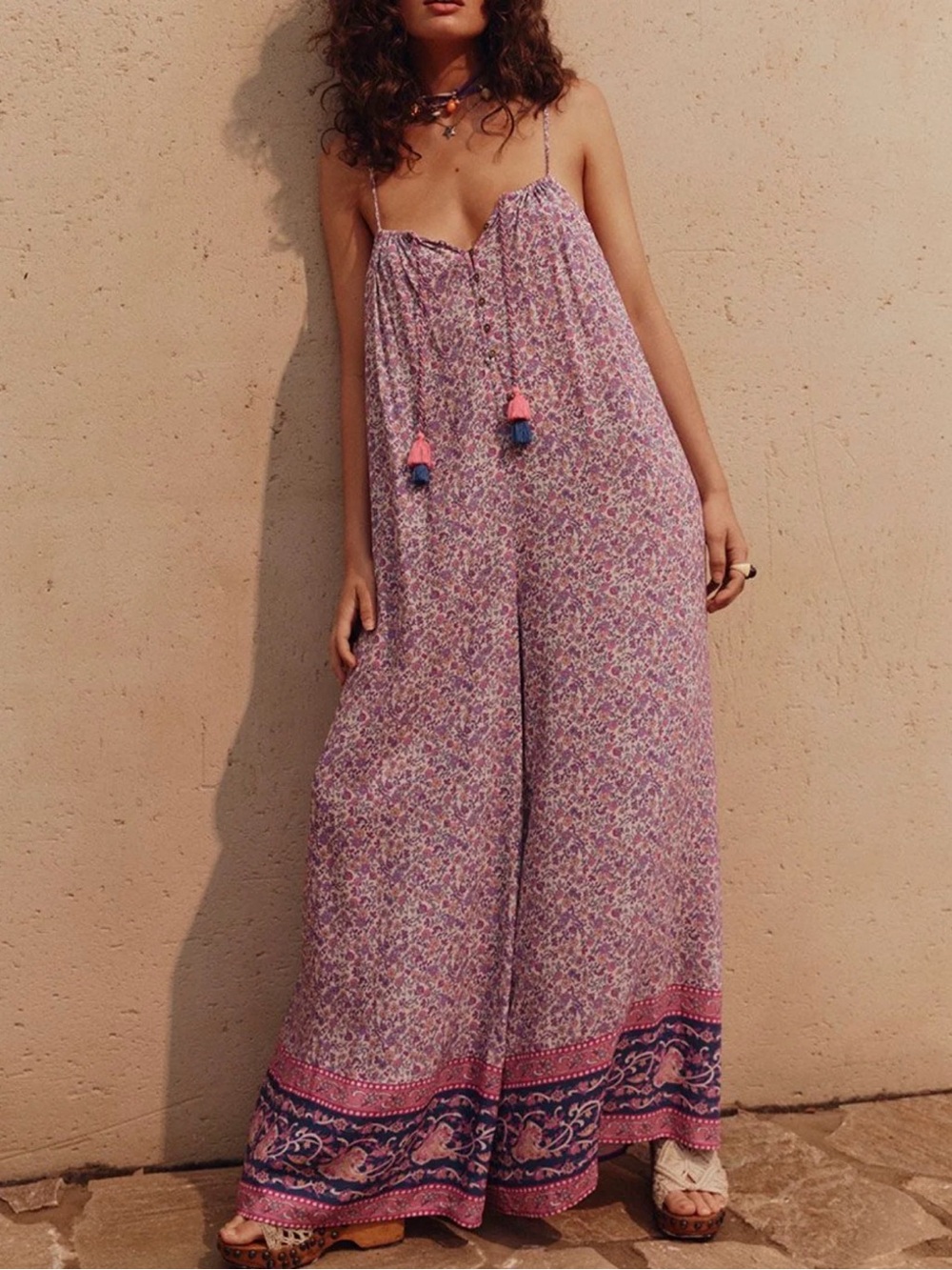SPELL little Bird Wide Leg Floral Boho Oversized Jumpsuit Pink Purple Small